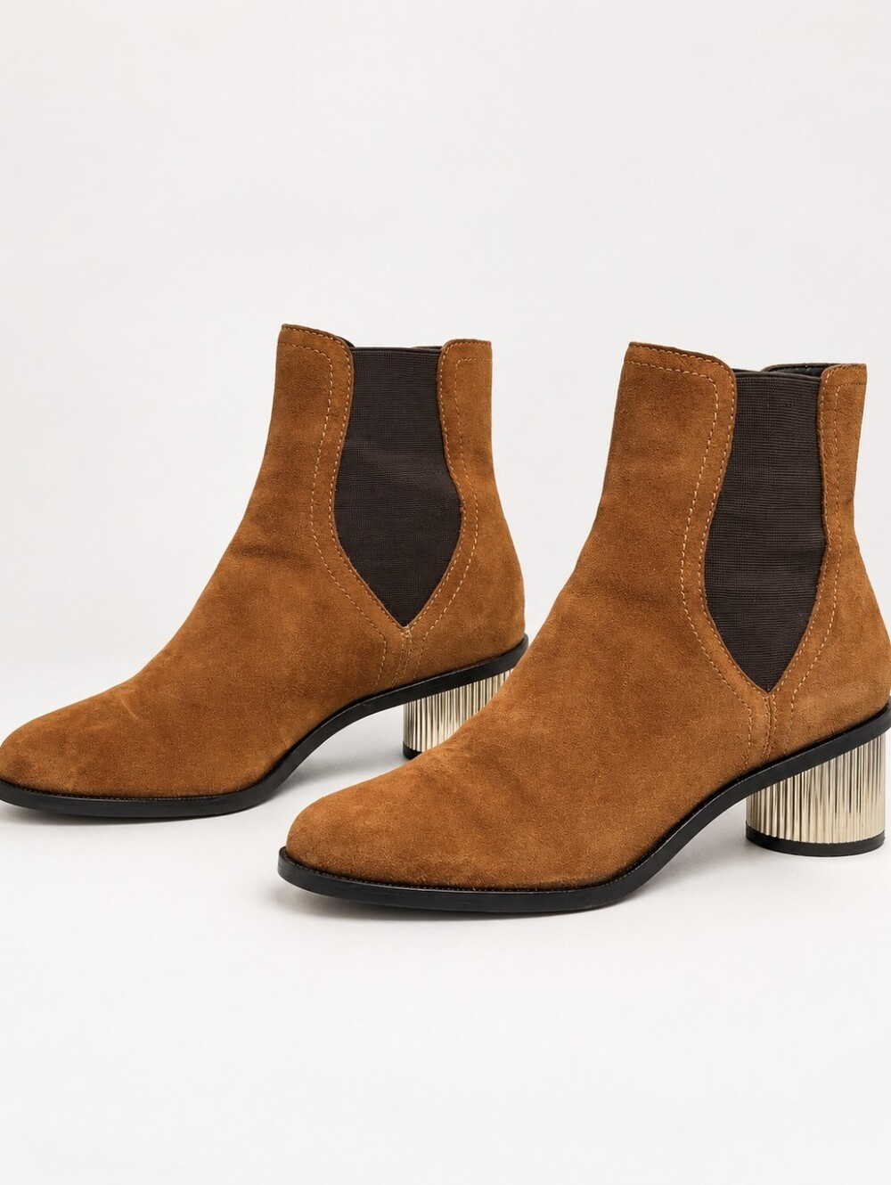 Rebecca Minkoff Darsea Saddle Suede Chelsea Boots 8.5 Metallic Gold Heel